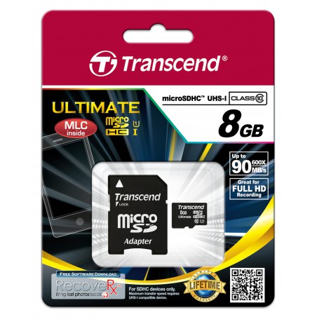 Cartão Transcend microSDHC  8GB - Class10 UHS-I w/adapter 600X