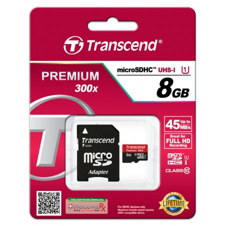 Cartão Transcend microSDHC 8GB - Class10 UHS-I w/adapter 300X